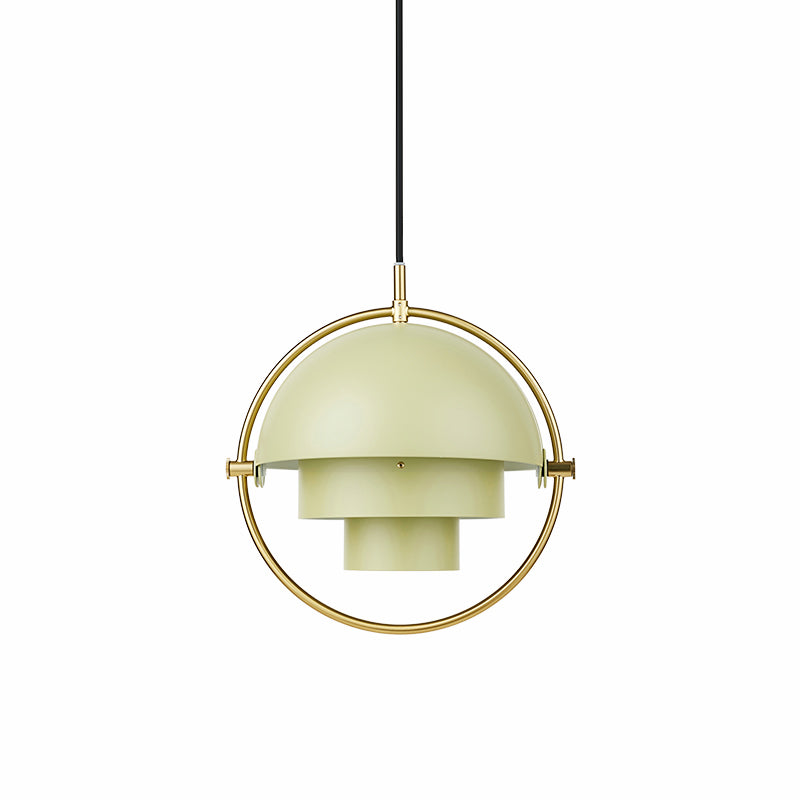Pale green Clérachic pendant with a stepped shade in a gold ring, on a plain white backdrop.