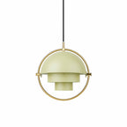 Pale green Clérachic pendant with a stepped shade in a gold ring, on a plain white backdrop.