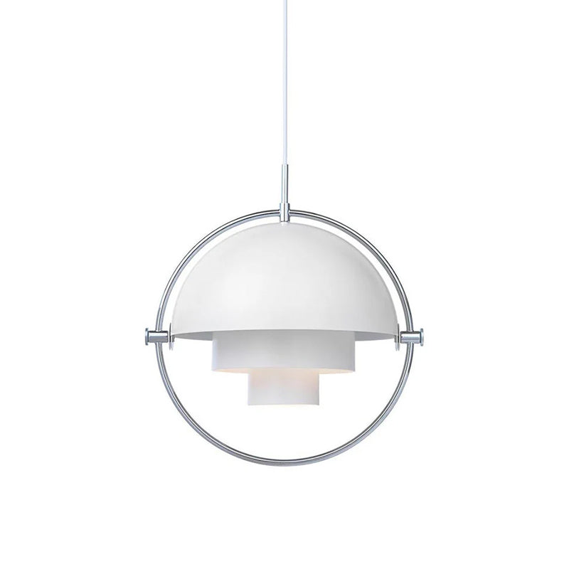White Clérachic pendant with a chrome ring and a white cord, on a plain white backdrop.