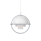 White Clérachic pendant with a chrome ring and a white cord, on a plain white backdrop.
