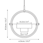 Clérachic pendant light dimension drawing, 1 of 2, every measurement marked in centimetres and inches.