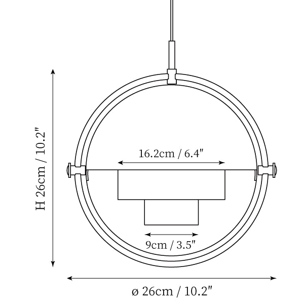 Clérachic pendant light dimension drawing, 1 of 2, every measurement marked in centimetres and inches.