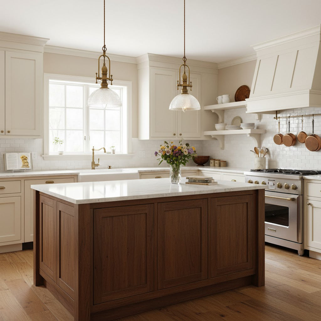 Two Clérachic pendants over a walnut kitchen island in a cream kitchen with a white range hood and open shelves.