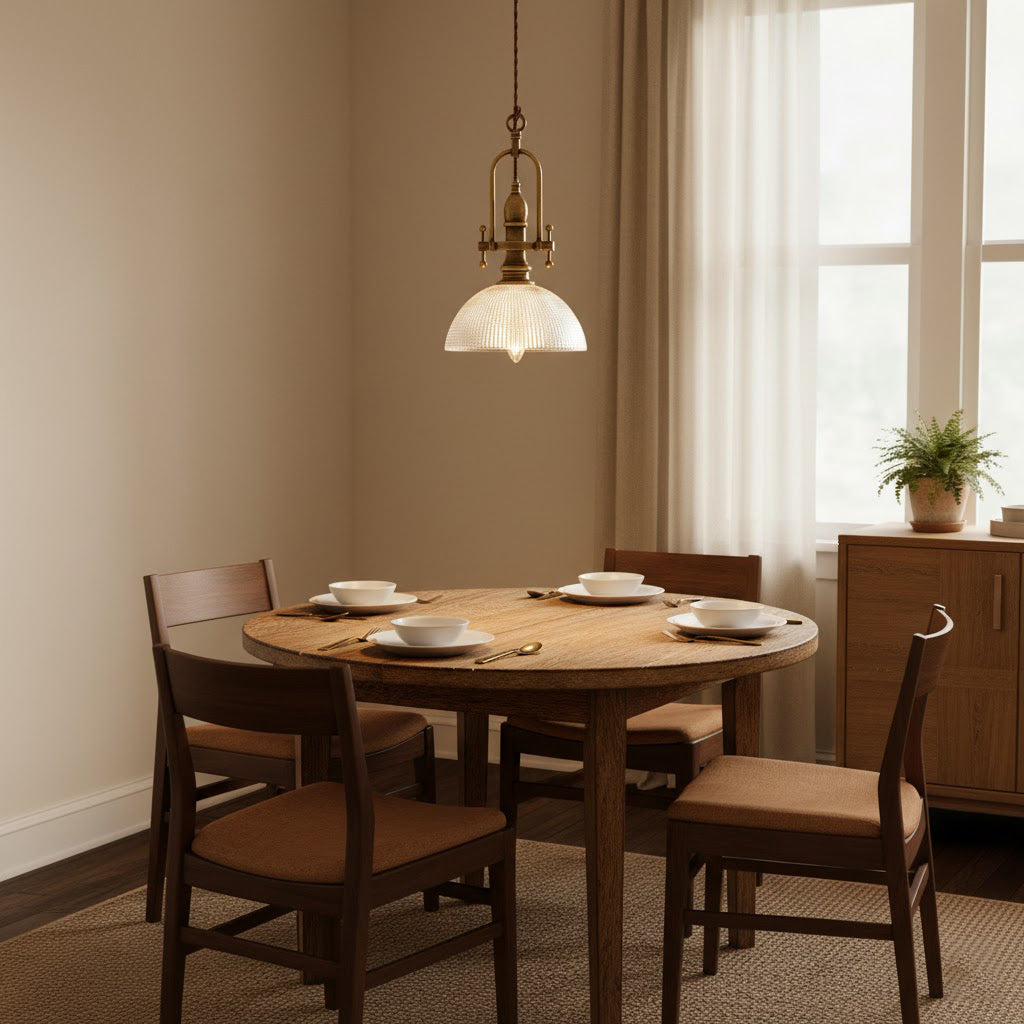 This Clérachic pendant hangs low over a round oak table set for four, by a window with sheer curtains.