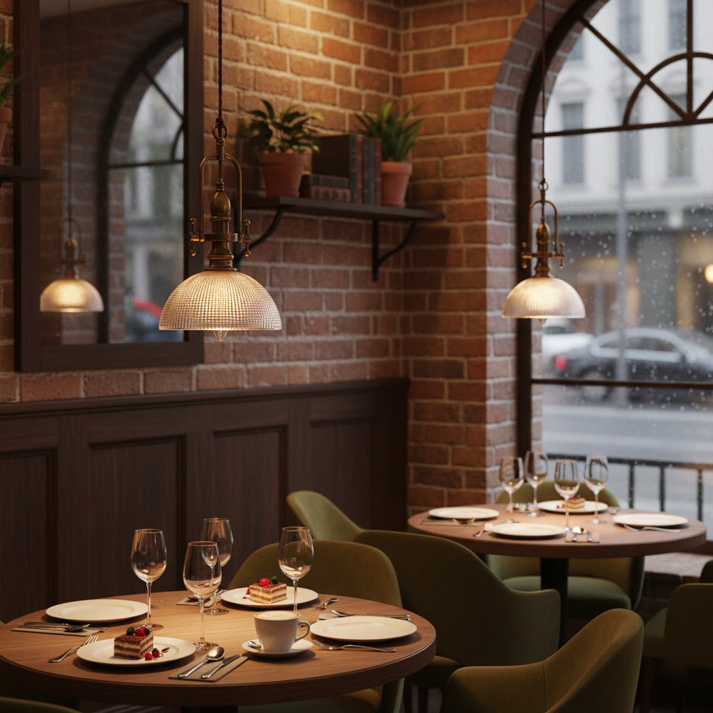 Several Clérachic pendants light a brick-walled café with arched windows and small tables laid with cups and glasses.