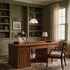 A Clérachic pendant hangs above a walnut desk in a green study, between built-in shelves of books and curios.