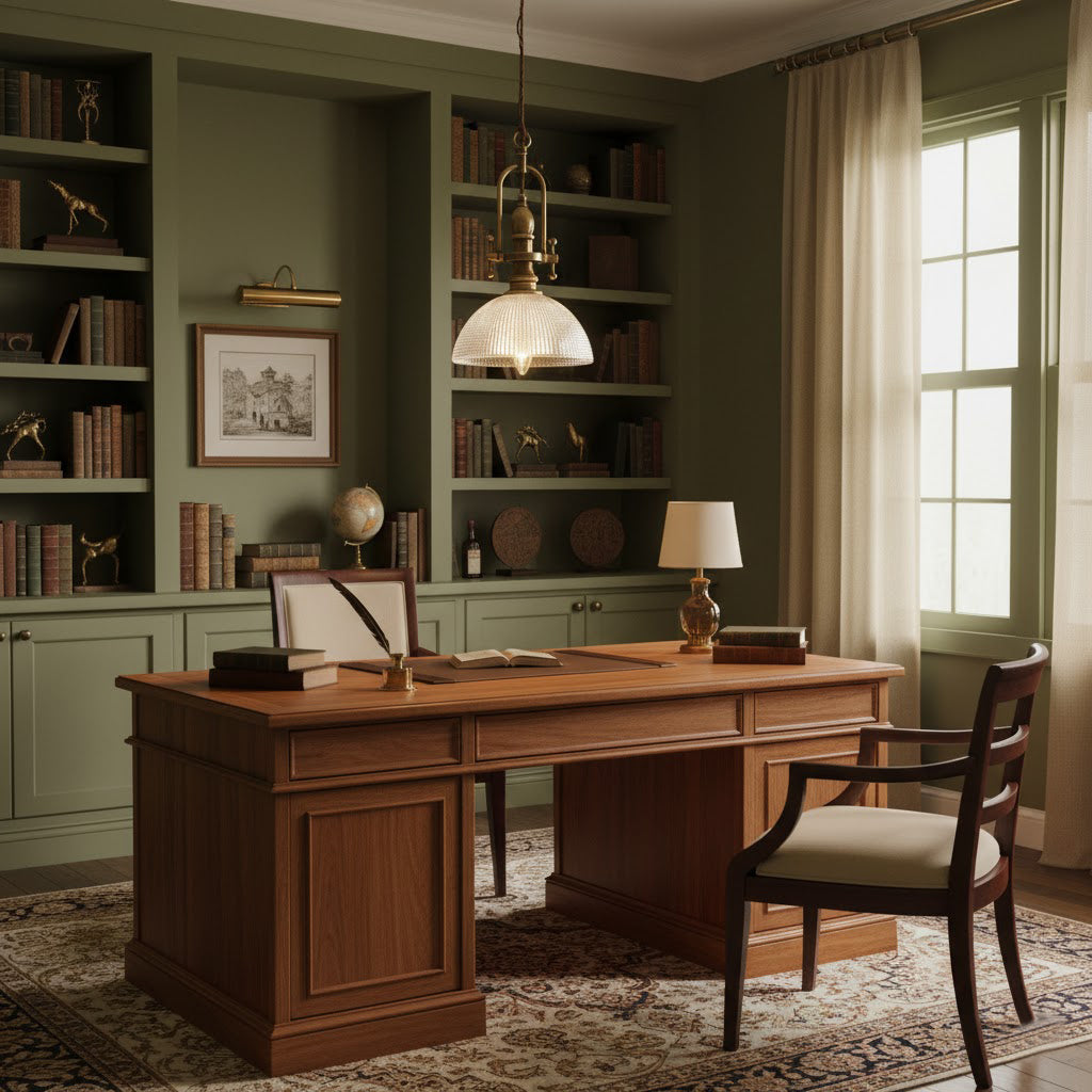 A Clérachic pendant hangs above a walnut desk in a green study, between built-in shelves of books and curios.