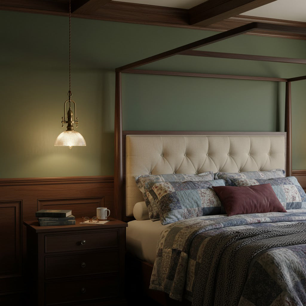 Clérachic pendant glowing beside a four-poster bed with a tufted headboard and a patchwork quilt, in a green bedroom.