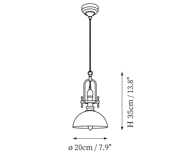 Clérachic pendant light dimension drawing, every measurement marked in centimetres and inches.