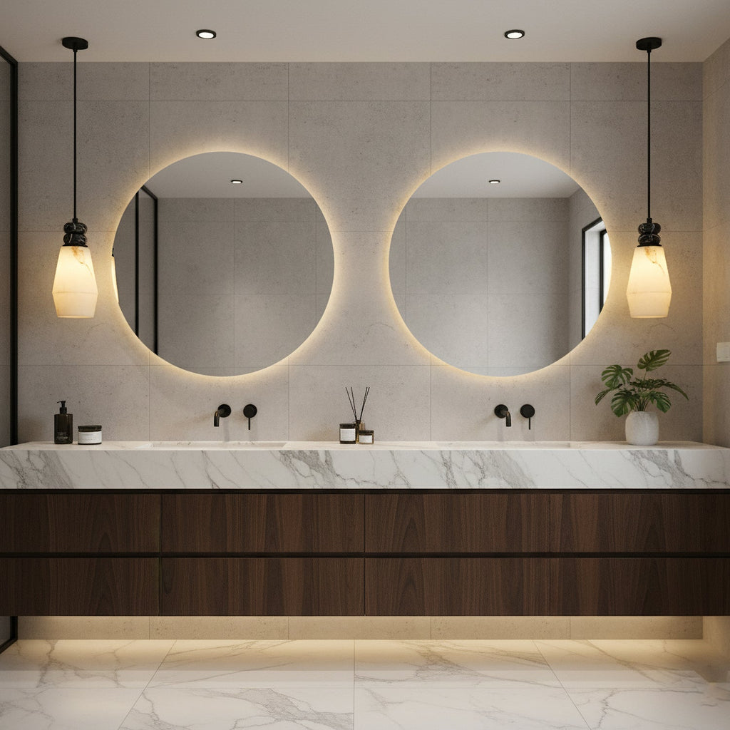 Two narrow Clérachic pendant lights lit either side of round backlit mirrors above a marble bathroom vanity.