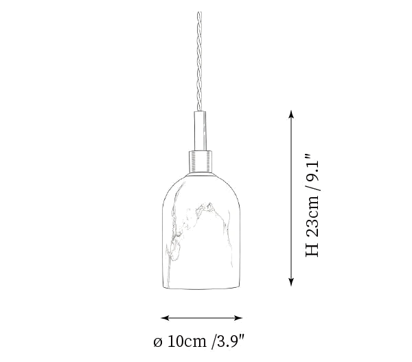 Clérachic pendant light dimension drawing, 1 of 4, every measurement marked in centimetres and inches.