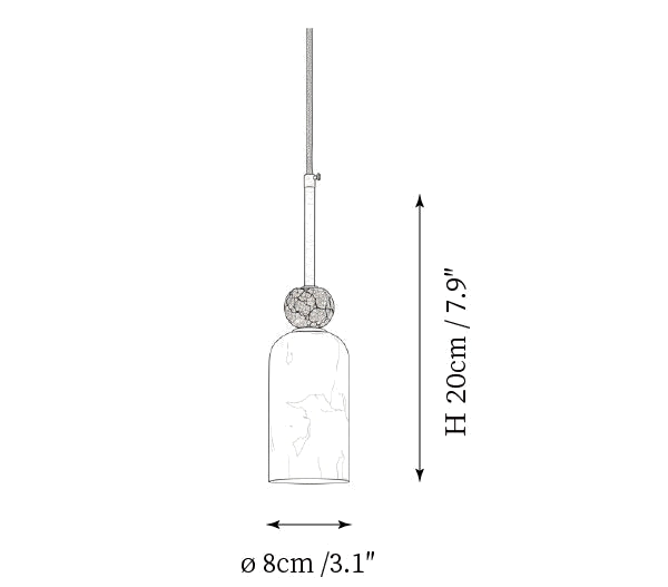 Clérachic pendant light dimension drawing, 3 of 4, every measurement marked in centimetres and inches.
