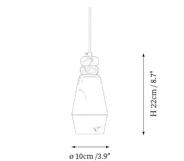 Clérachic pendant light dimension drawing, 4 of 4, every measurement marked in centimetres and inches.