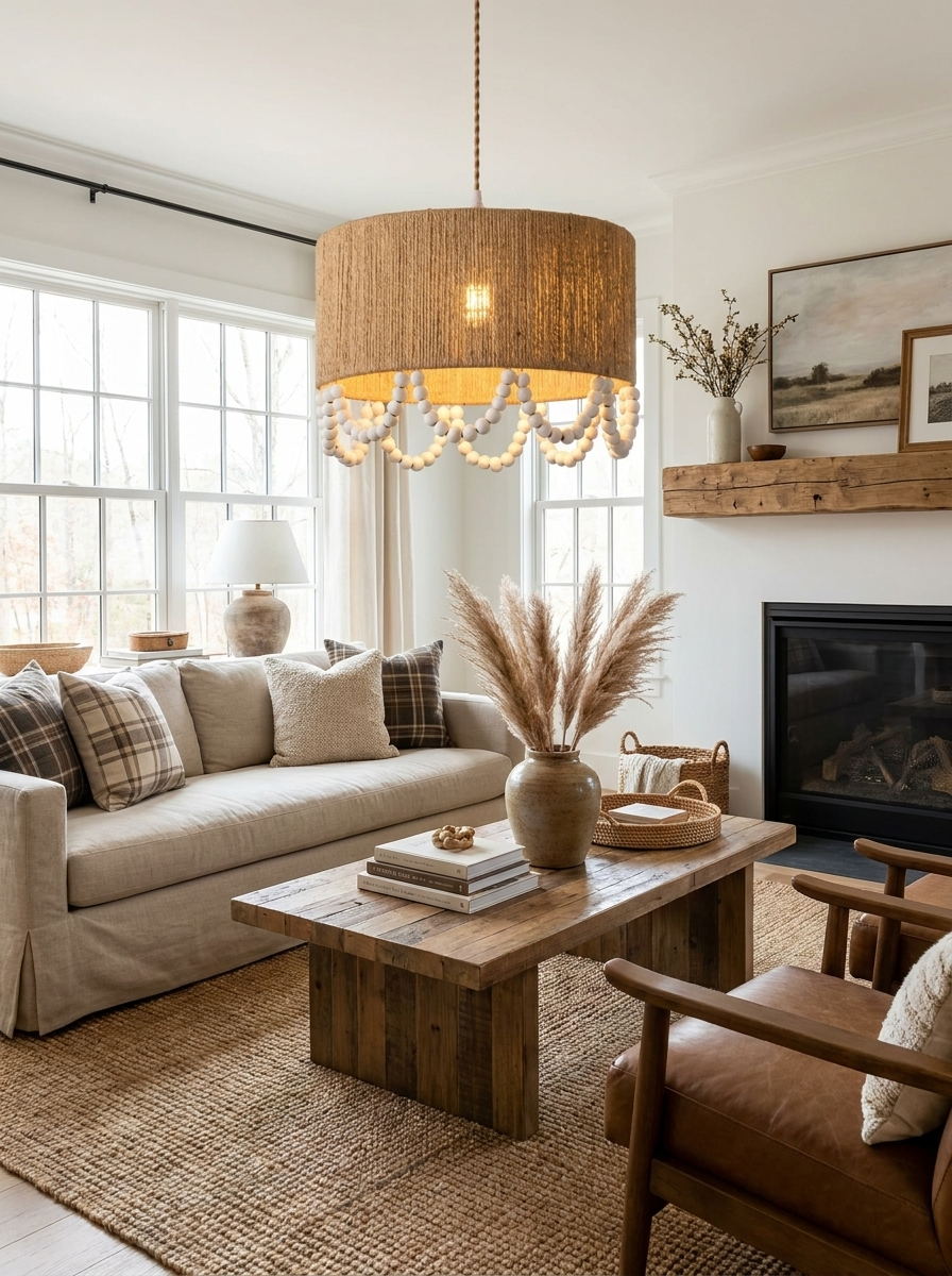 In a living room with a jute rug and stone fireplace, this Clérachic pendant hangs lit above a wood coffee table.