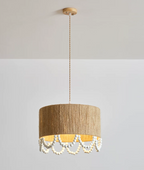 Ceiling-mount view of this Clérachic pendant, its rope shade glowing warm against a plain grey backdrop.
