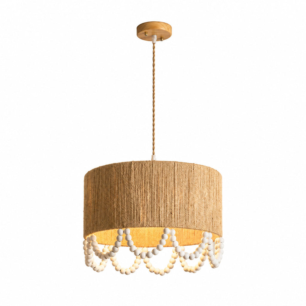 Full studio shot of this Clérachic pendant, hanging from a round wood ceiling canopy on a plain backdrop.
