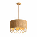 Full studio shot of this Clérachic pendant, hanging from a round wood ceiling canopy on a plain backdrop.
