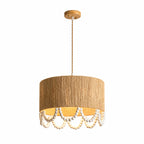 Full studio shot of this Clérachic pendant, hanging from a round wood ceiling canopy on a plain backdrop.