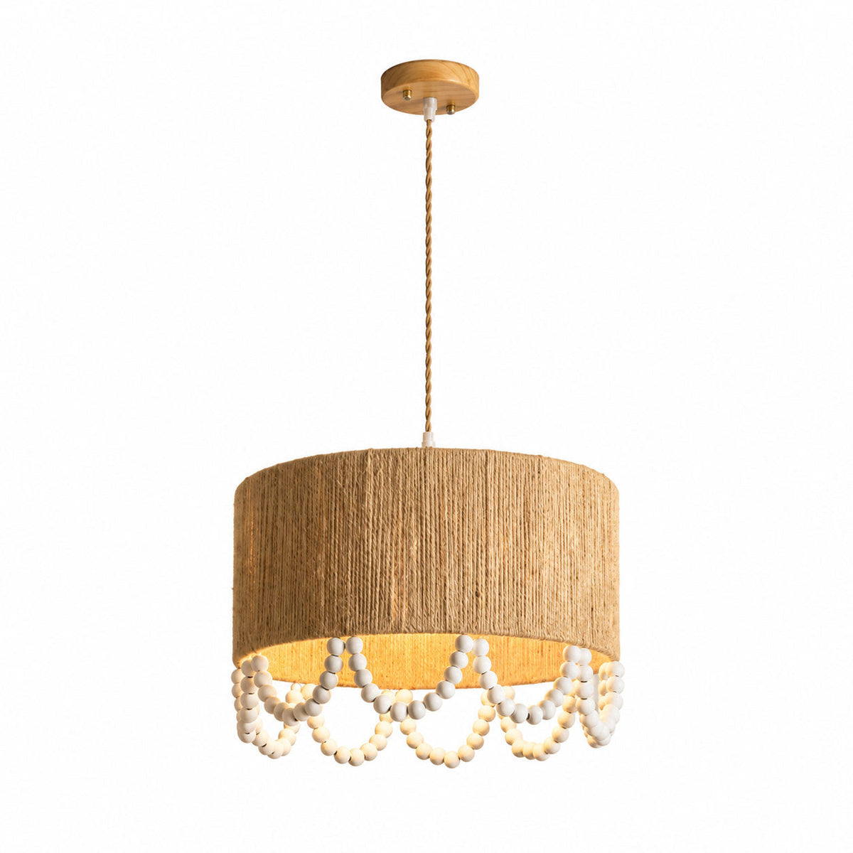 Full studio shot of this Clérachic pendant, hanging from a round wood ceiling canopy on a plain backdrop.