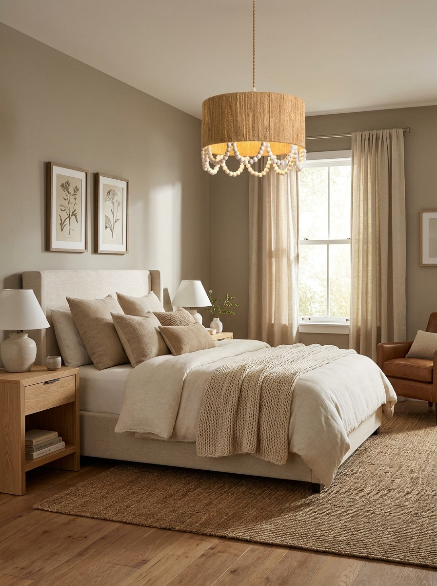 Beside a curtained window and a leather armchair, this Clérachic pendant lights a neutral bedroom in soft daylight.