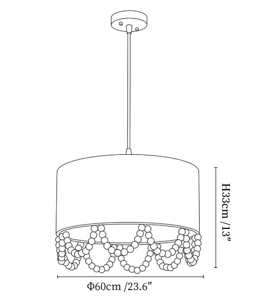 Clérachic pendant light dimension drawing, every measurement marked in centimetres and inches.