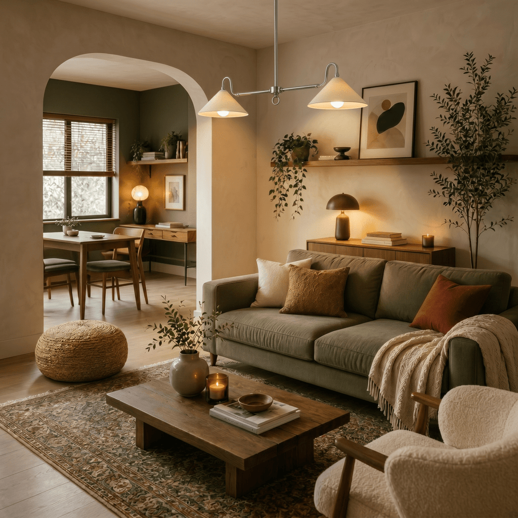 A chrome Clérachic pendant light lights an open living area beside a dining nook through an archway.