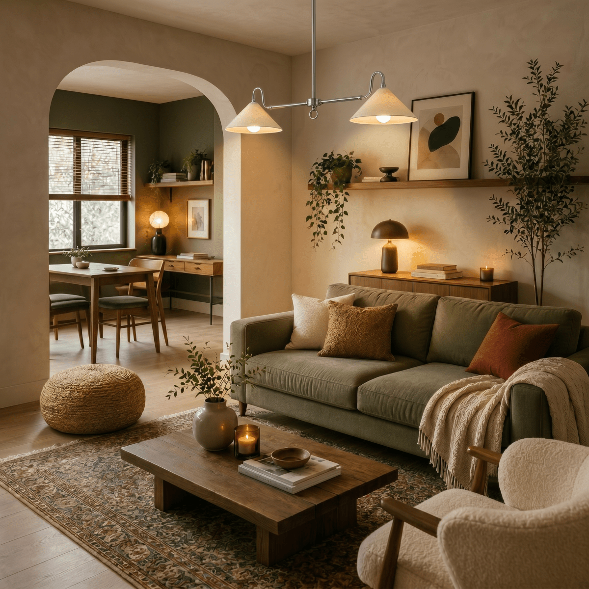A chrome Clérachic pendant light lights an open living area beside a dining nook through an archway.
