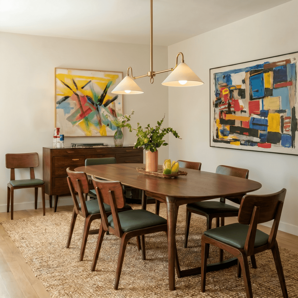 A brass Clérachic pendant light lights a dining table set against a gallery wall of abstract paintings.