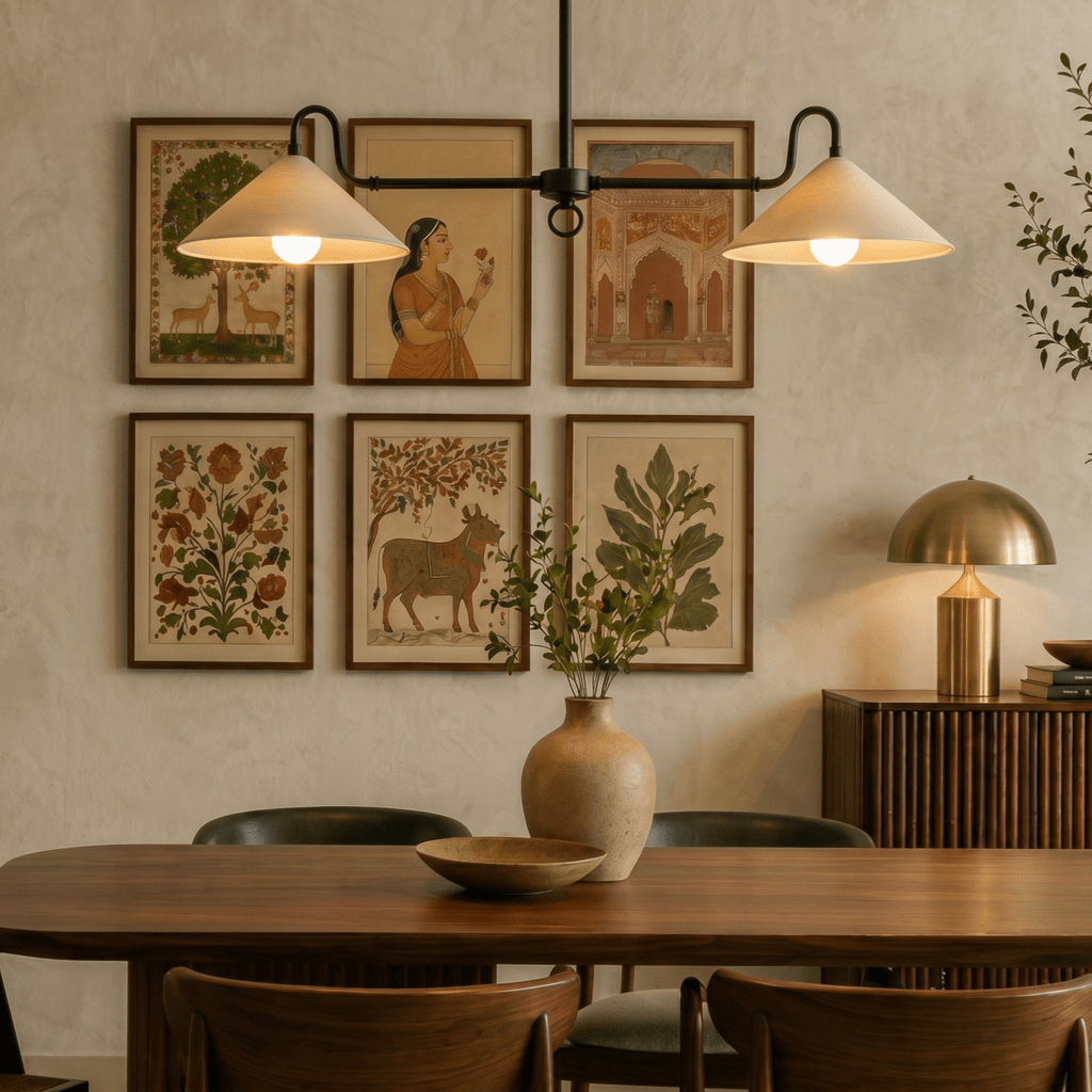 This black Clérachic pendant light hangs over a dining table below a gallery wall of framed prints.