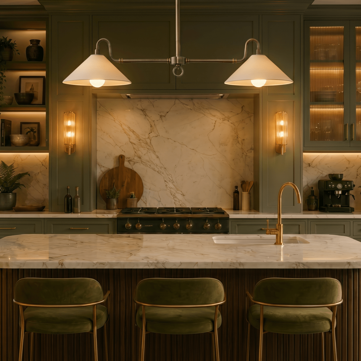 A chrome Clérachic pendant light lights a marble kitchen island beneath green cabinetry and shelving.