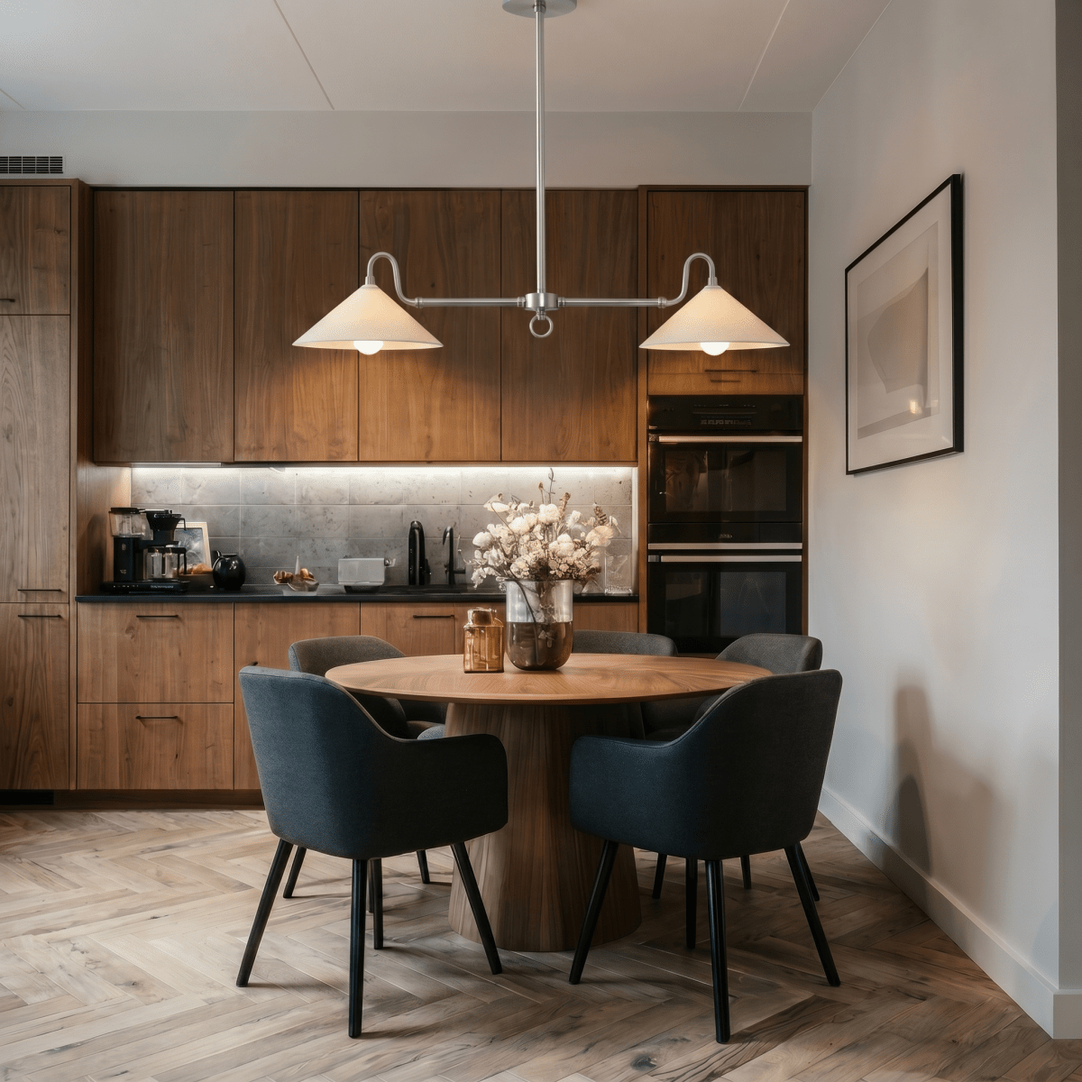 This chrome Clérachic pendant light hangs above a round wood table in a walnut-cabinet kitchen.