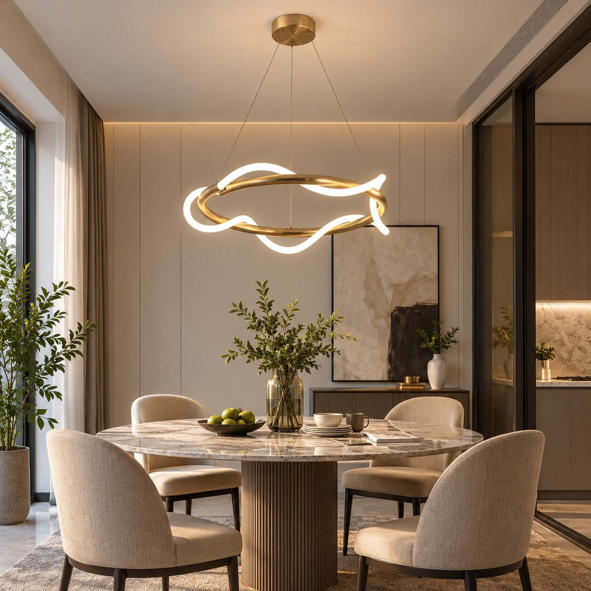 This Clérachic pendant hangs above a round marble dining table with cream chairs, its silicone ribbon glowing around a brass ring.