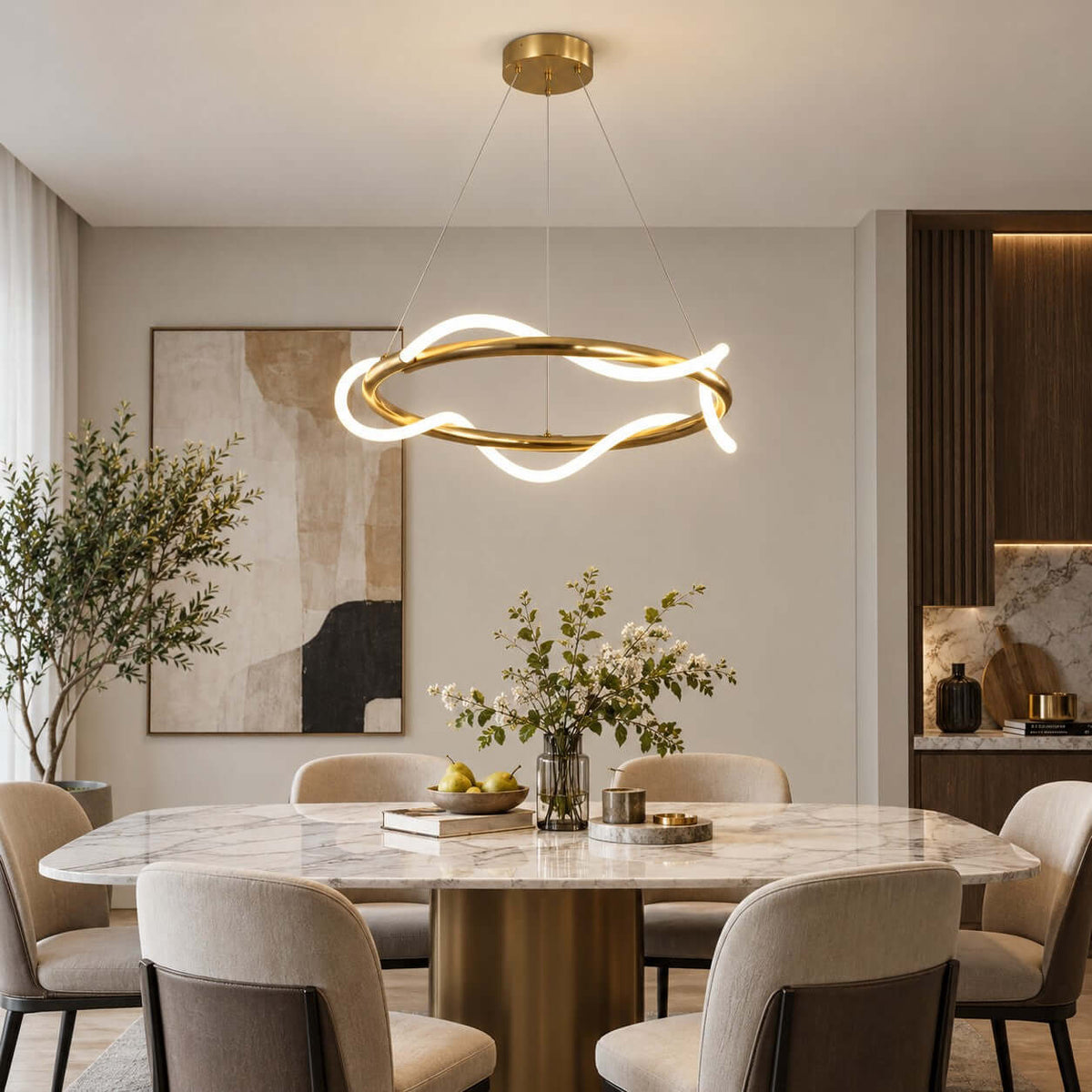 Brass ring pendant with a lit silicone wave, this Clérachic light hung over a marble table beside a large abstract artwork.