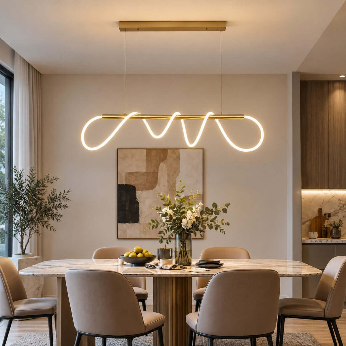 Linear Clérachic pendant with a wavy glowing silicone ribbon along a brass bar, hung low above a long dining table with taupe chairs.