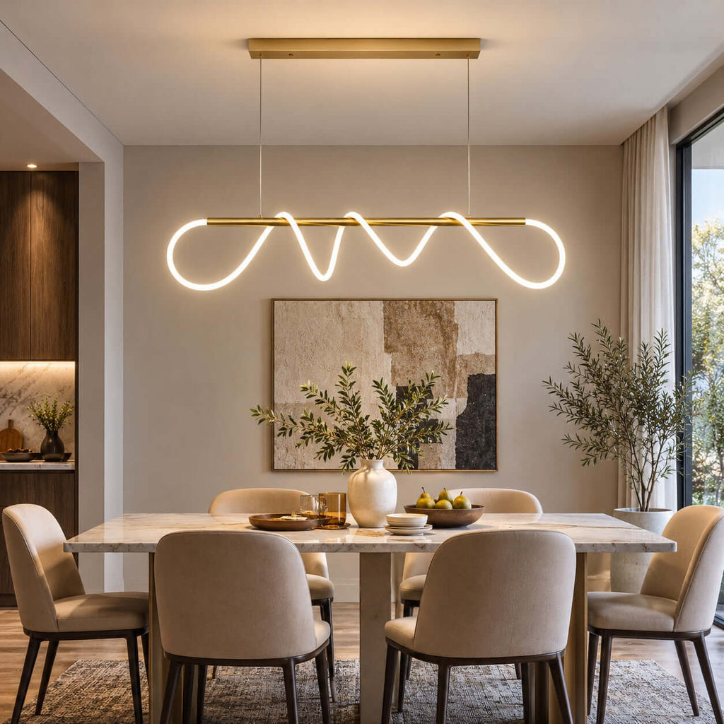 A Clérachic linear pendant with a lit silicone wave on a brass bar, centred above a marble dining table and a vase of greenery.