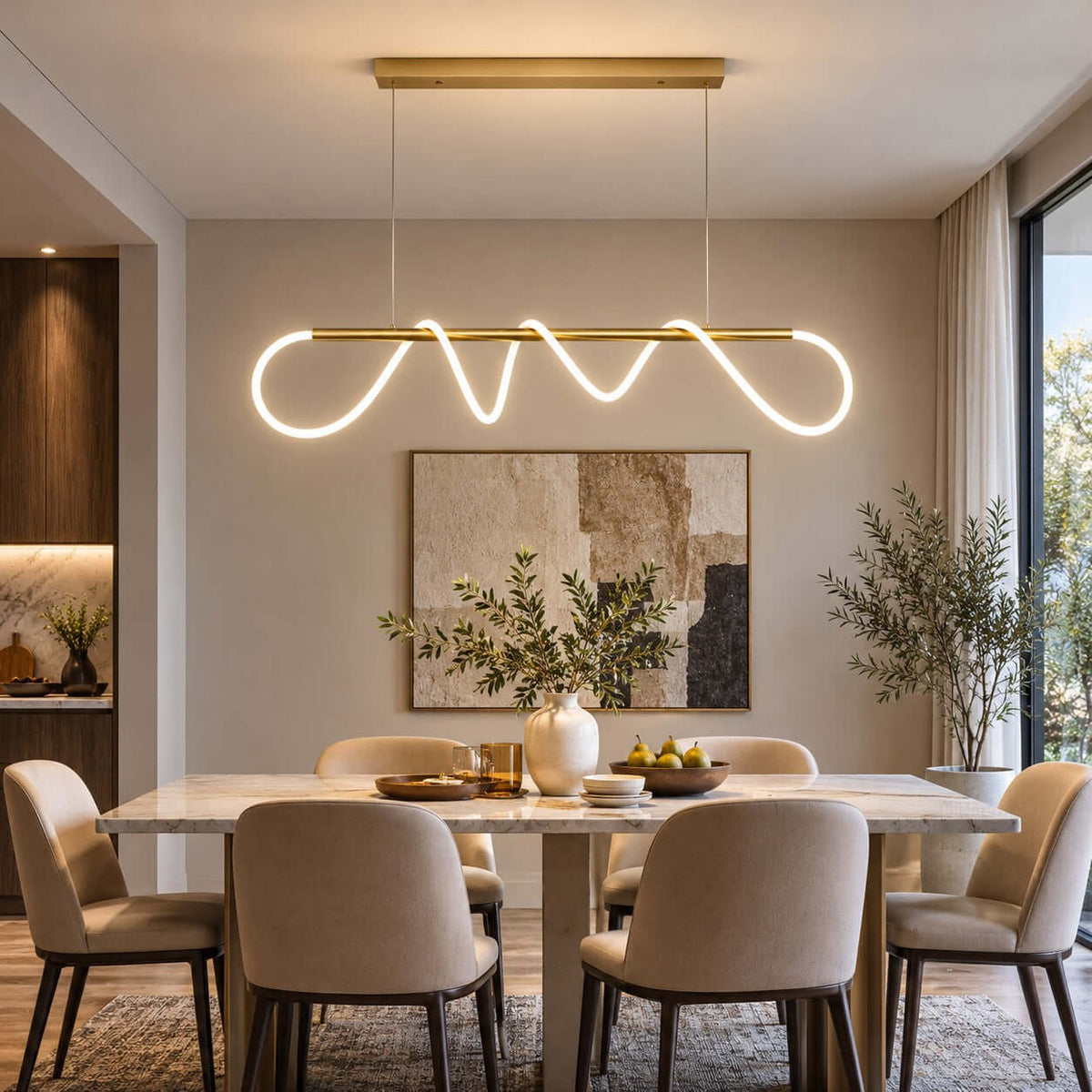 A Clérachic linear pendant with a lit silicone wave on a brass bar, centred above a marble dining table and a vase of greenery.