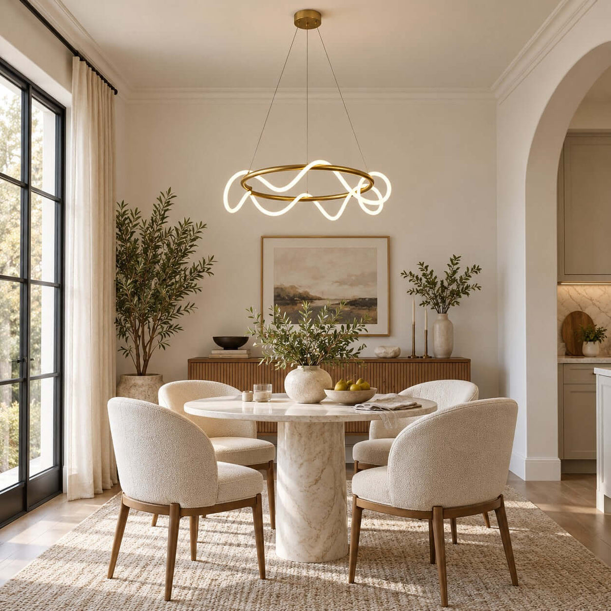A Clérachic wave pendant with a brass ring above a round stone dining table with cream boucle chairs, near a tall arched window.