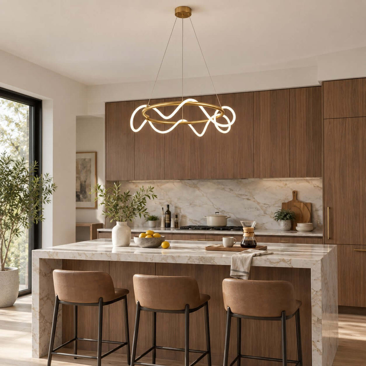 Brass ring pendant from Clérachic with a lit silicone ribbon over a marble kitchen island with tan leather stools and walnut cabinets.