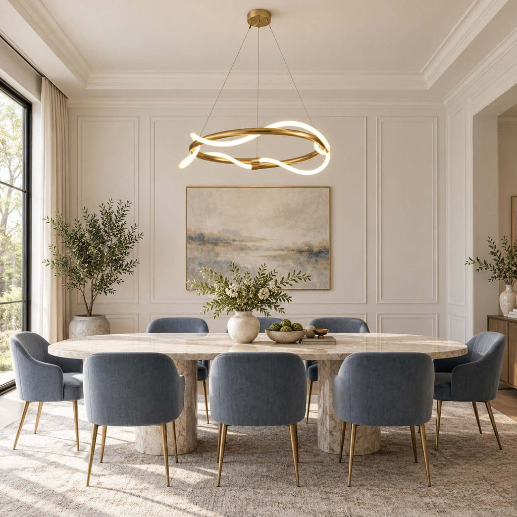 Round Clérachic wave pendant above an oval dining table with blue velvet chairs, in a pale panelled room with a large landscape painting.