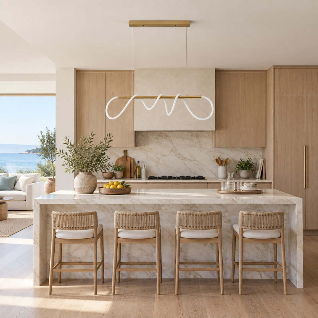 Linear Clérachic pendant with a glowing silicone wave above a marble kitchen island with rattan stools and pale oak cabinets.