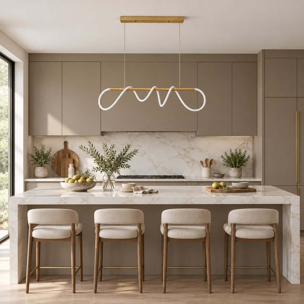 A long Clérachic pendant with a looped silicone ribbon above a marble island with cream stools, in front of taupe kitchen cabinets.