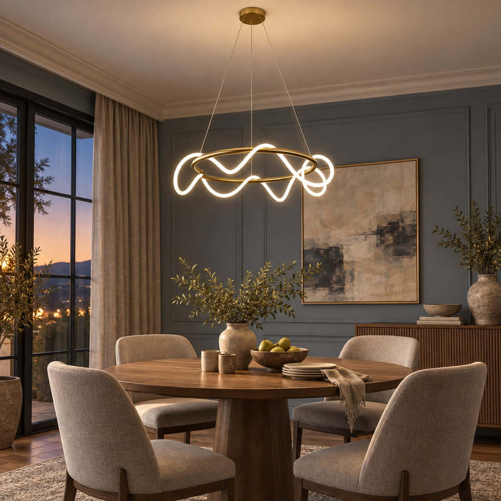 A Clérachic ring pendant with a lit silicone wave over a round walnut dining table with taupe chairs, in a blue-grey room at dusk.