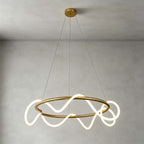 Round brass ring pendant from Clérachic, a lit silicone ribbon weaving through the ring, hung from a round brass canopy.
