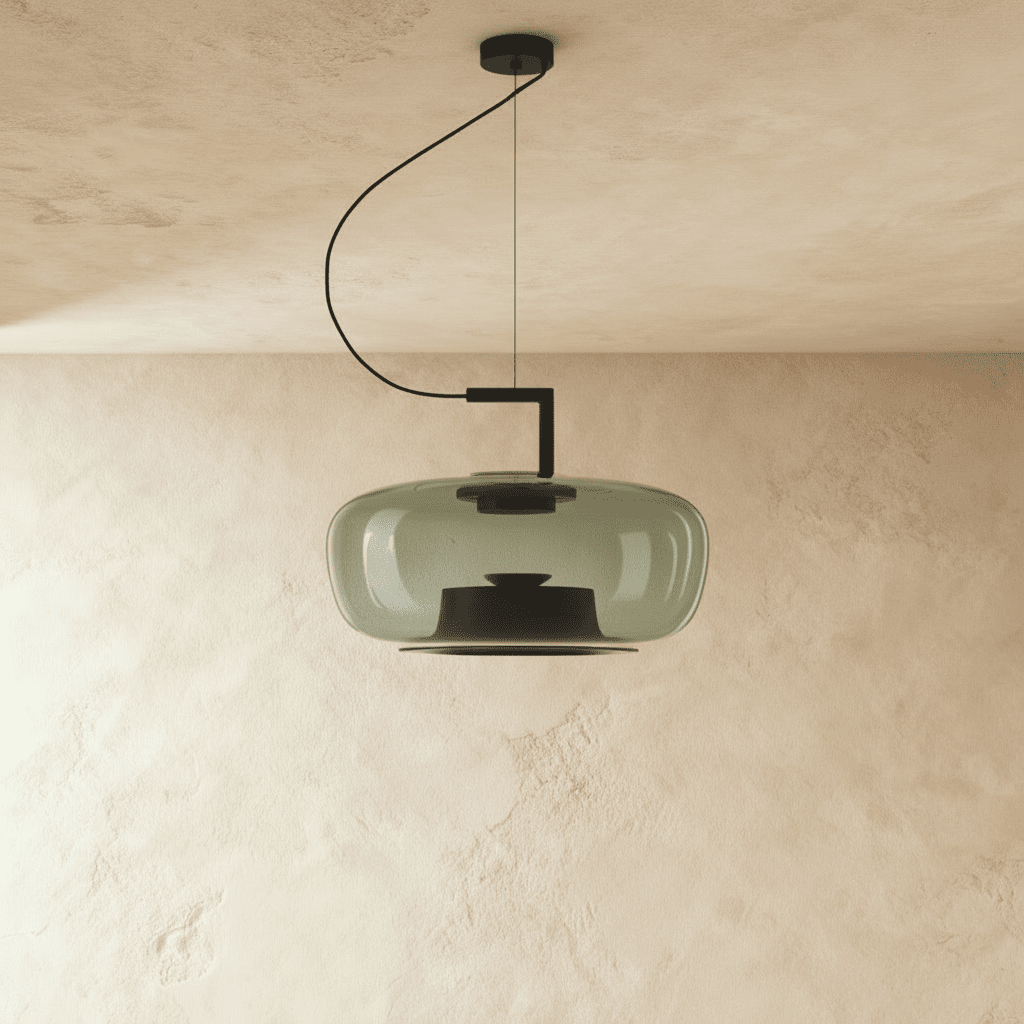 Clérachic pendant in smoky grey glass, wide rounded shade with a black inner cone, unlit, hung on a black curved arm.