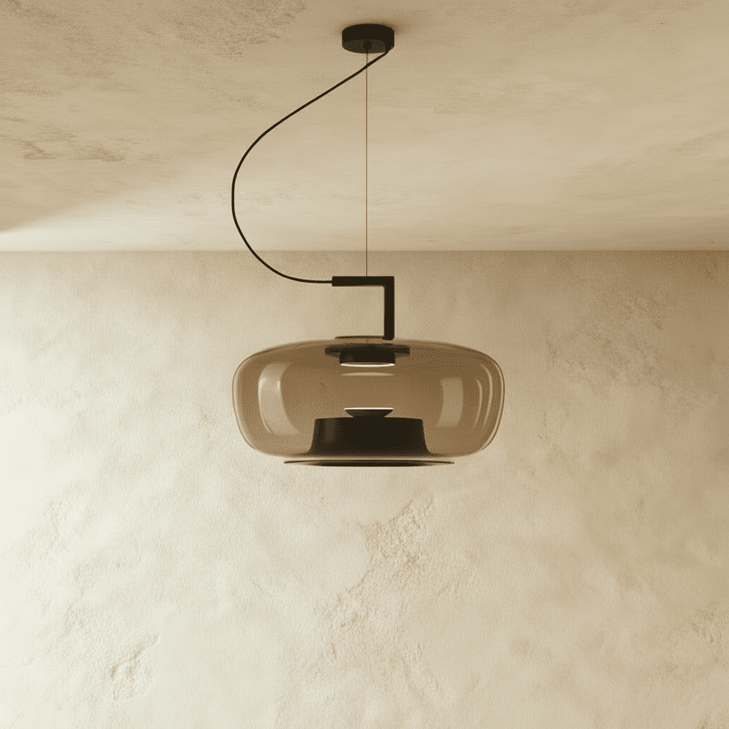 Clérachic pendant with a wide amber glass shade, black inner reflector and curved black cord, shown unlit on plaster.