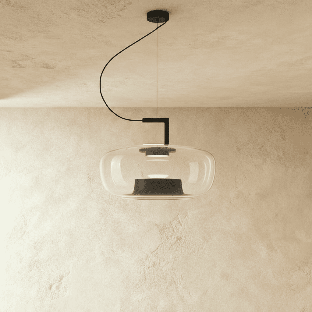 Clérachic wide pendant in pale grey glass on a black arm and cord, a black reflector cone inside, lit against plaster.