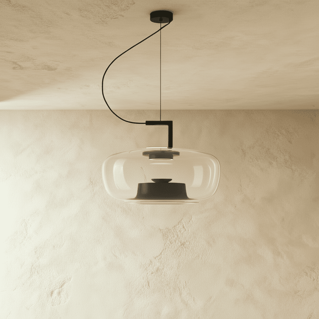 Clérachic pendant in pale grey glass, wide rounded shade with a black inner cone, unlit, hung from a black curved arm.