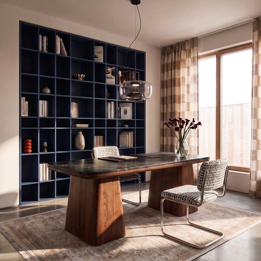 Clérachic wide pendant in pale grey glass hung over a study desk with a navy shelving wall behind.