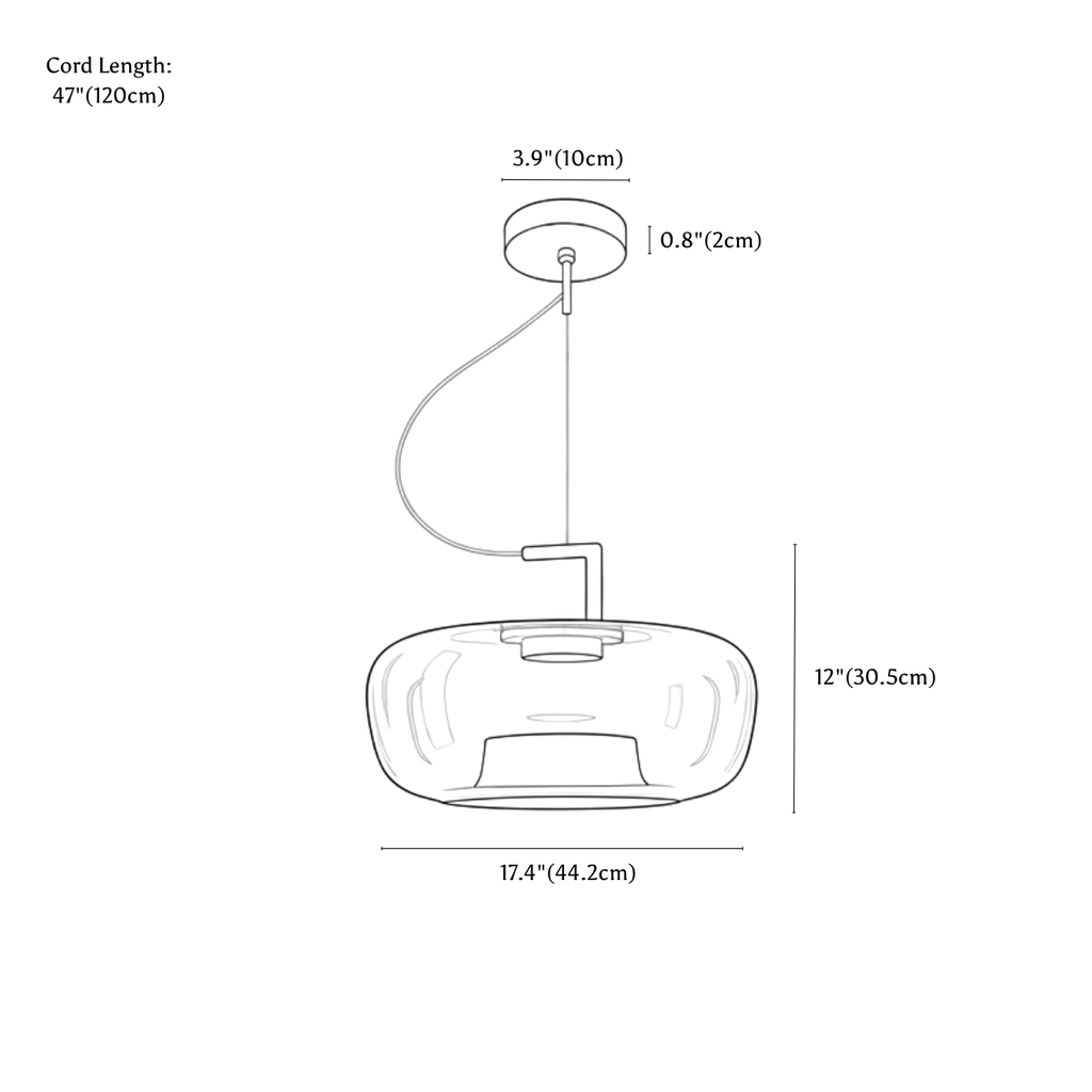 Clérachic pendant light dimension drawing, 44.2 cm, every measurement marked in centimetres and inches.