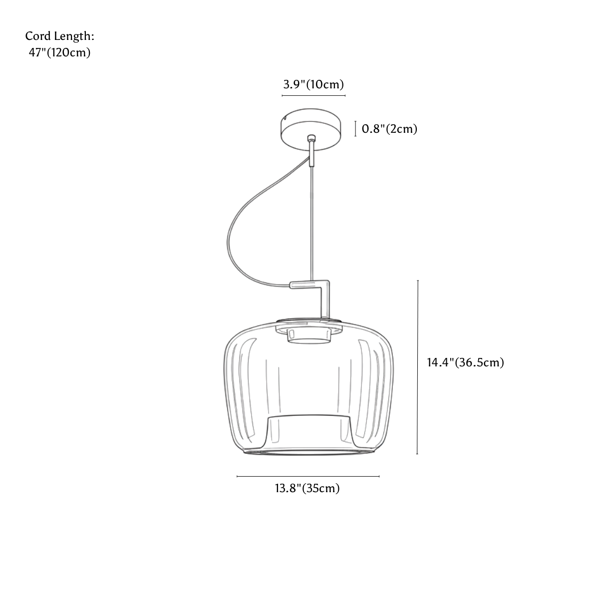 Clérachic pendant light dimension drawing, 35 cm, every measurement marked in centimetres and inches.